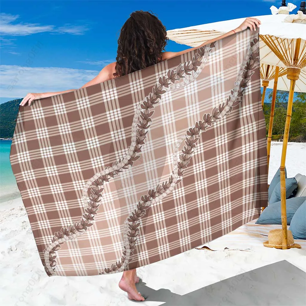 Beige Hawaii Palaka Plaid Pikake Lei Print Sarong Tropical Island Beach Wrap Pareo Wholesale - main view