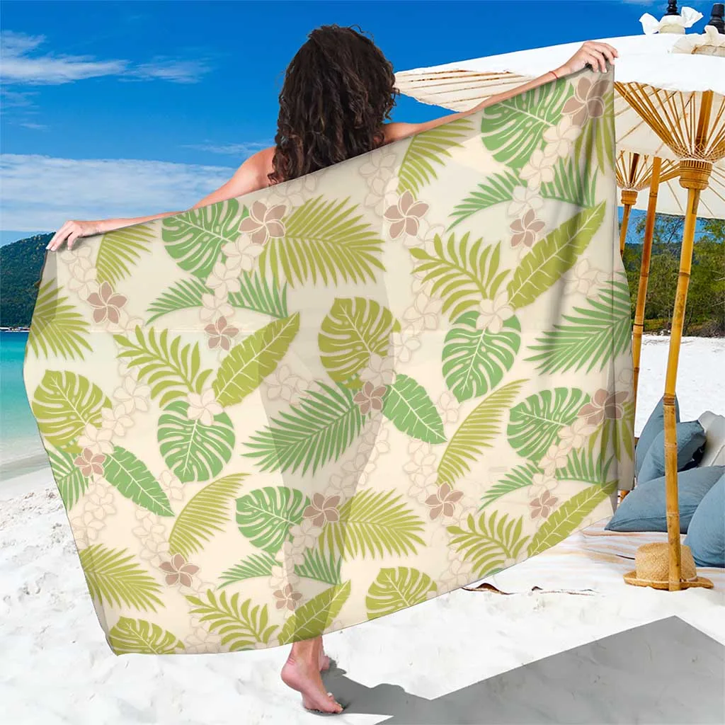 Beige Hawaii Plumeria Lei with Tropical Leaves Print Sarong Beach Wrap Summer Island Cover Up Wholesale Pareo - main view