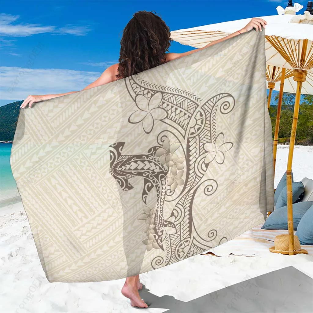 Beige Hawaii Polynesian Hammerhead Shark Tattoo Curve Print Sarong Beach Wrap Tropical Island Resort Cover Up Wholesale Pareo - main view