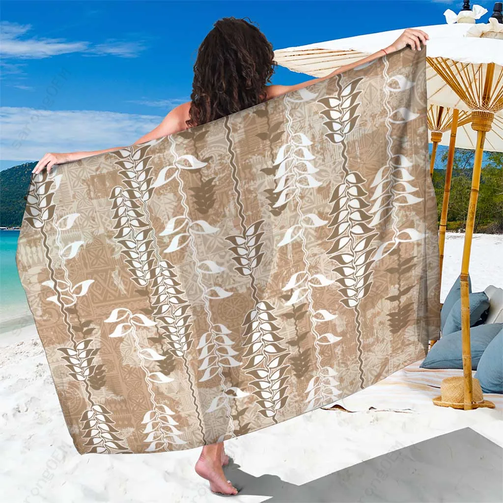 Beige Hawaii Tapa Pattern Sarong with Heliconia Vintage Style Beach Wrap Pareo Wholesale - main view