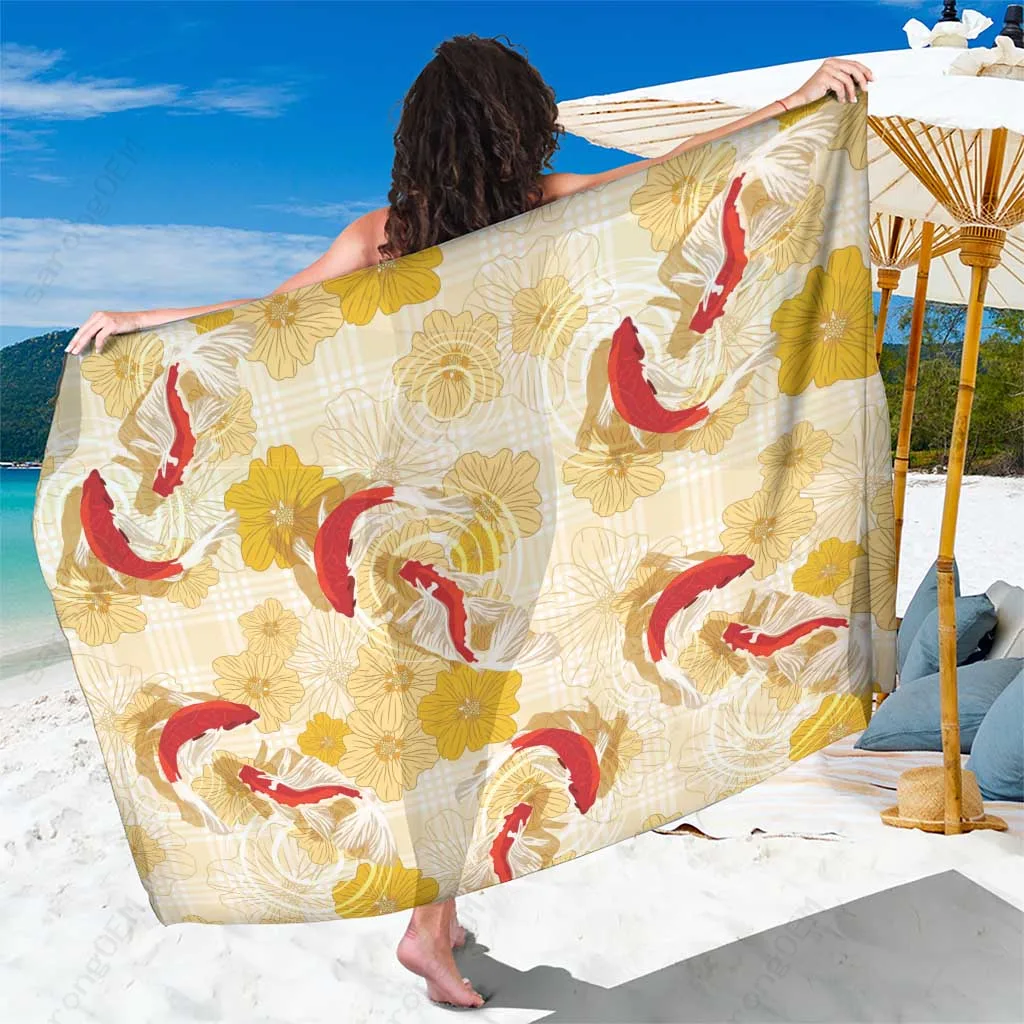 Beige Hawaii Aloha Sarong with Ilima Flowers and Koi Pond Mix, Tropical Beach Wrap for Resort Wear, Wholesale Pareo - main view