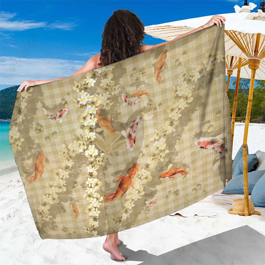 Beige Palaka Hawaiian Sarong with Koi Fish and Sakura Lei Print Tropical Beach Wrap Pareo Wholesale - main view