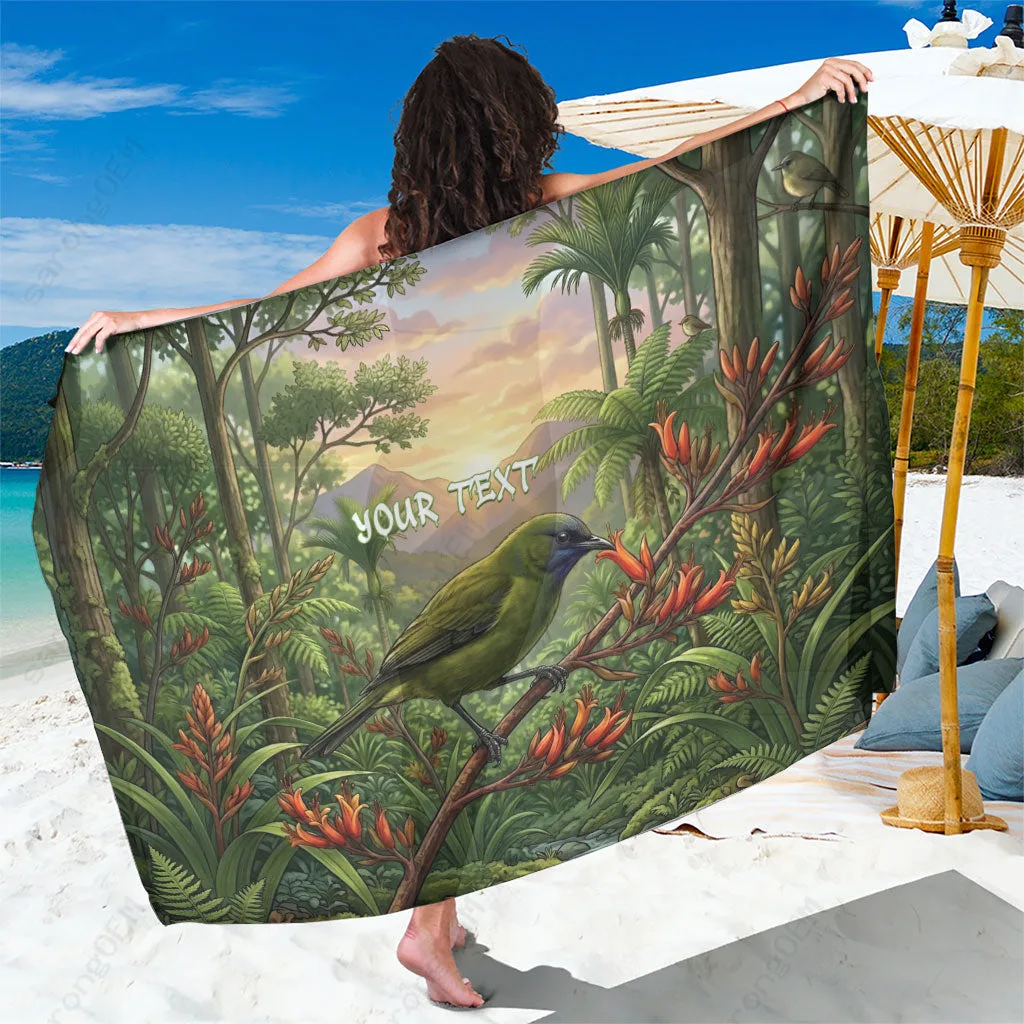 Cream Bellbird Korimako Harakeke Floral Native Forest Print Sarong South Pacific Beach Wrap Wholesale Pareo - main view