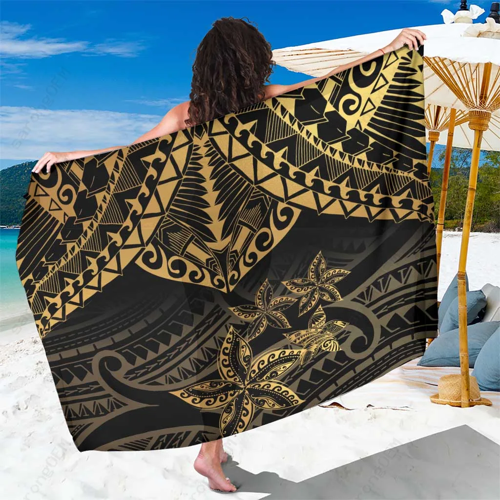 Black & Gold Polynesia Sarong Plumeria Tattoo Pattern Beach Wrap Pareo Wholesale - related