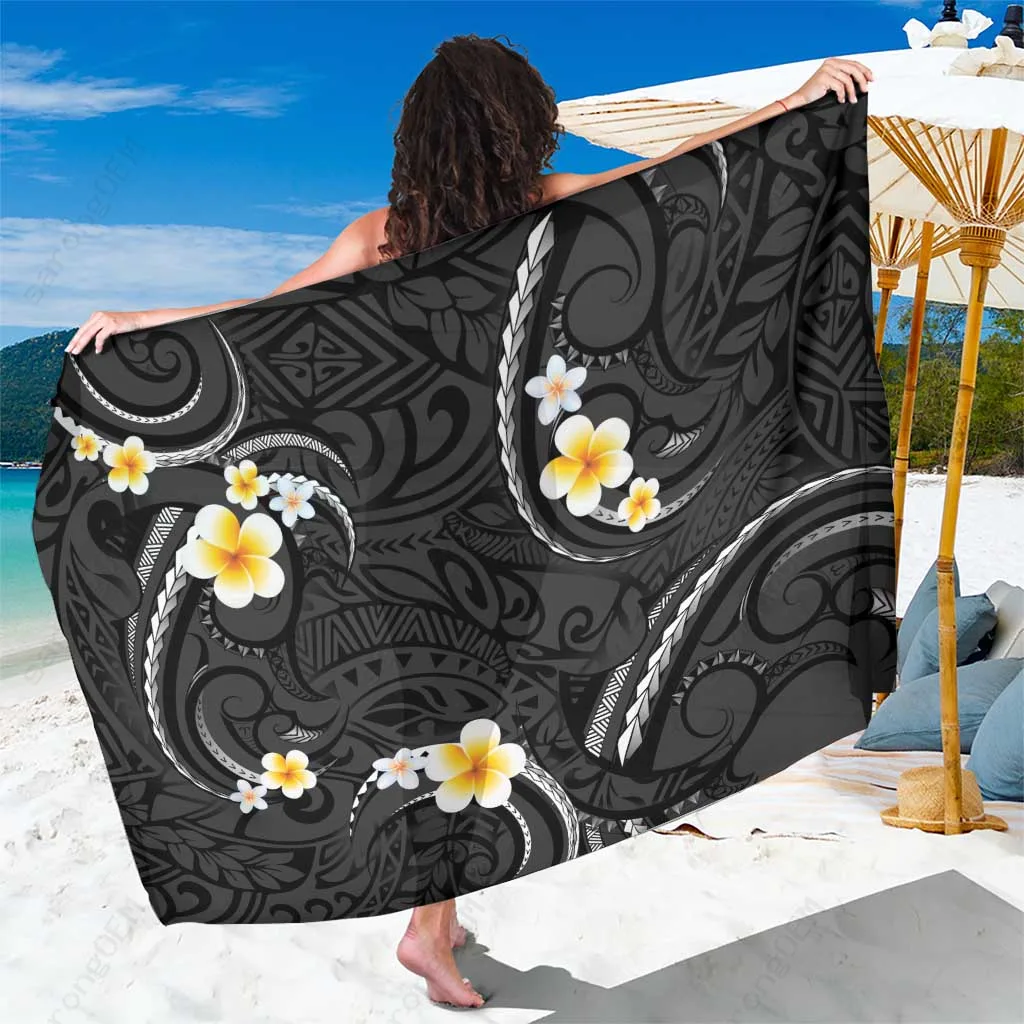 Black Polynesian Tattoo Mix Plumeria Flowers Sarong Beach Wrap Tropical Island Pareo Wholesale - main view