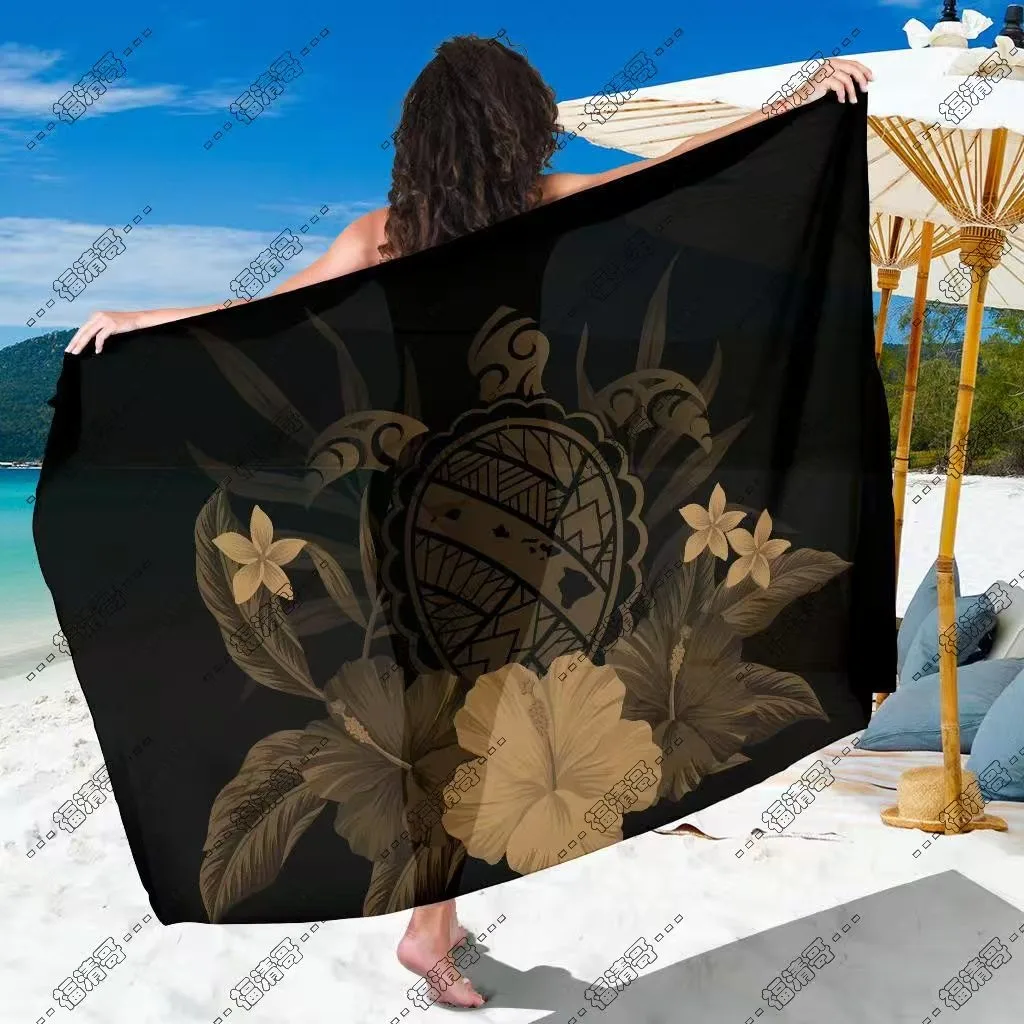 Black Gold Tribal Turtle Tropical Flower Sarong Custom Sarong in Rayon Fabric - Custom Sarong