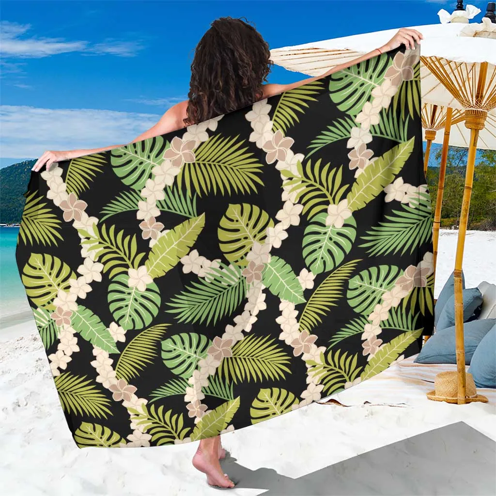Black Hawaii Plumeria Lei Tropical Leaves Print Sarong Polynesian Beach Wrap Wholesale Pareo - main view
