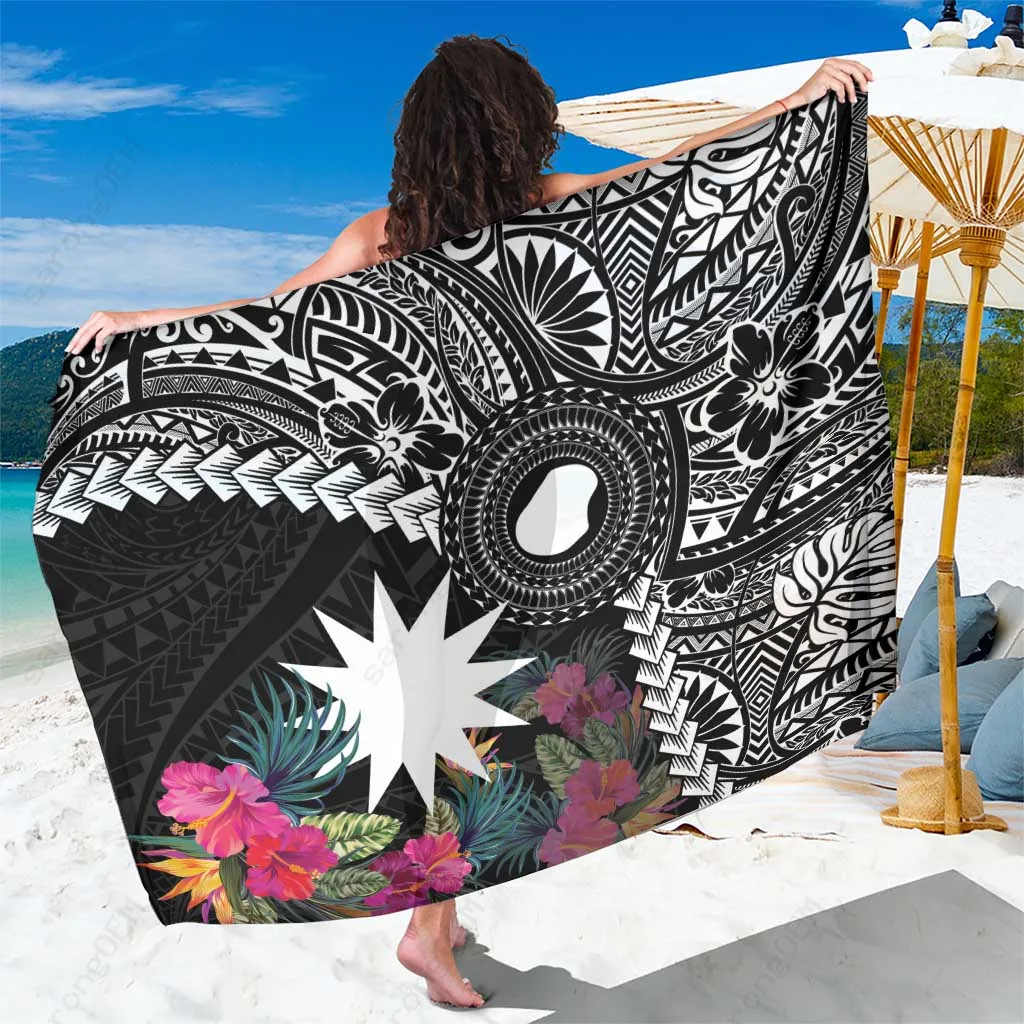 Black Nauru Map Polynesian Tropical Flowers Print Sarong Beach Wrap Resort Cover Up Wholesale Pareo - main view