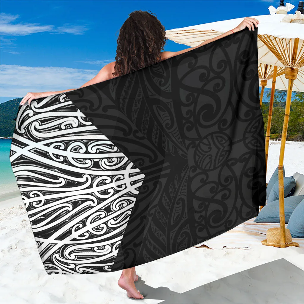 Black New Zealand Puhoro Maori Tattoo Print Sarong Polynesian Tribal Beach Wrap Wholesale Pareo - main view