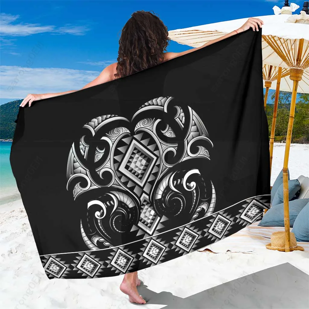 Black Maori Tattoo Ngaru Taniko Print Sarong Polynesian Beach Wrap Pareo Wholesale Custom Cover Up - main view