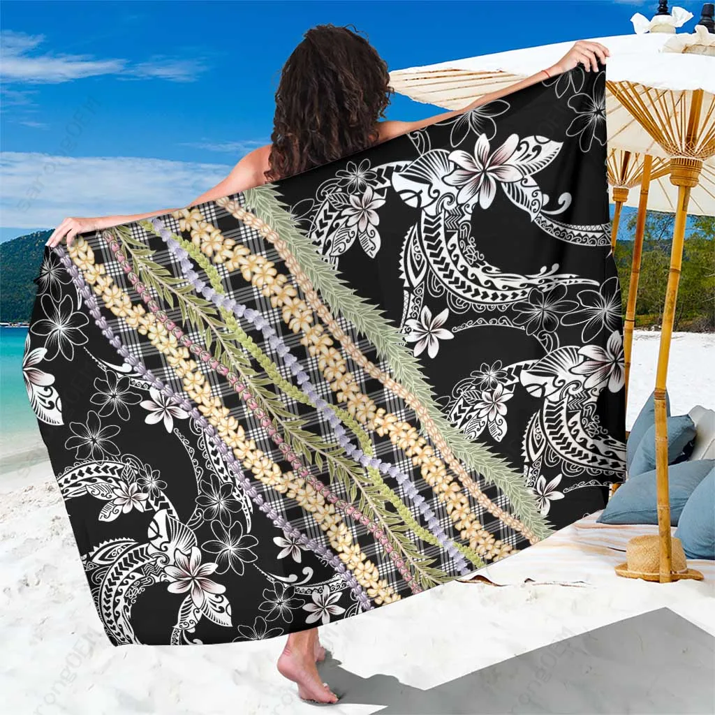 Black Hawaii Leis Palaka Plaid Sarong Tropical Floral Beach Wrap Pareo Wholesale - main view
