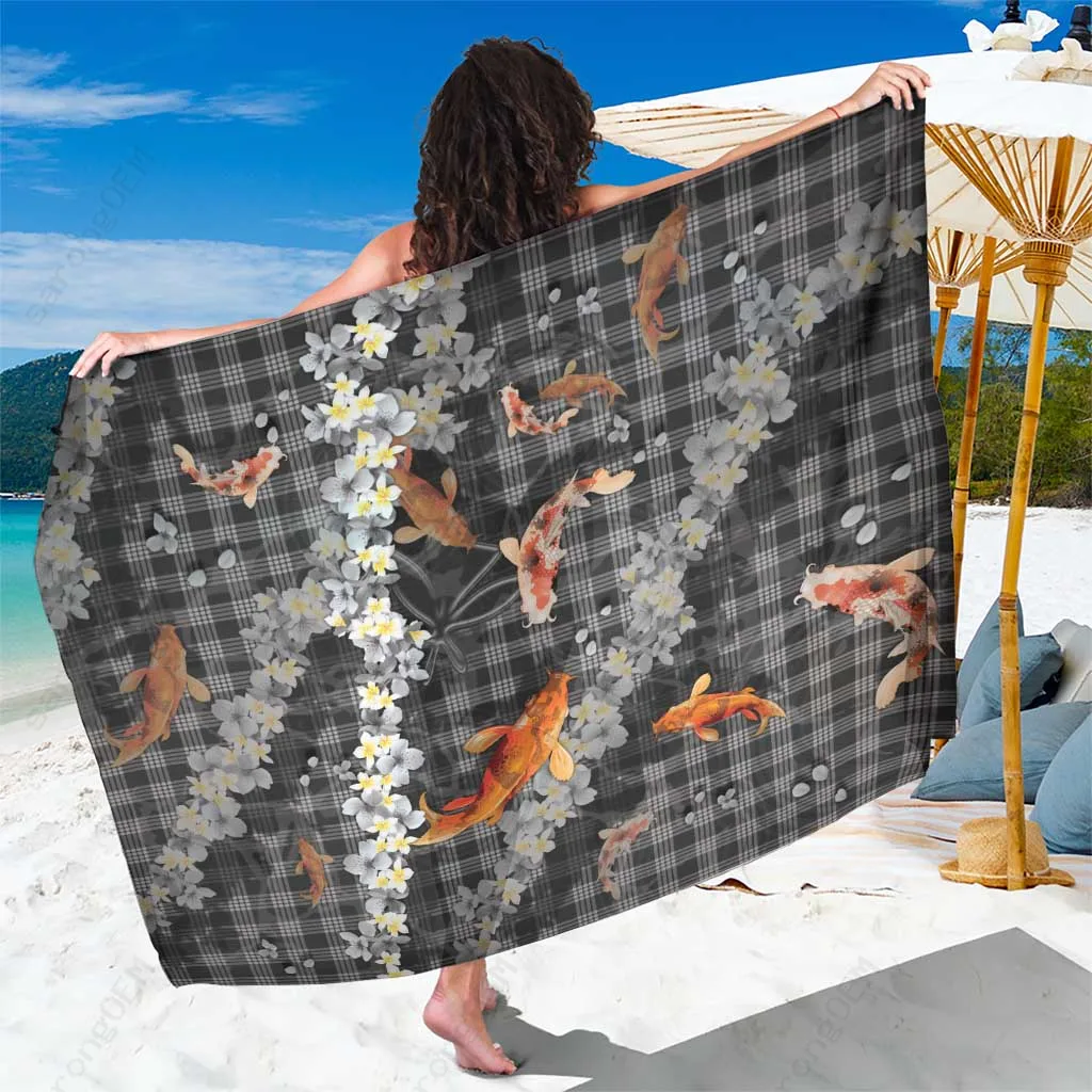 Black Palaka Hawaiian Japanese Sarong Sakura Lei Koi Fish Print Viscose Rayon Beach Wrap Pareo Wholesale - main view