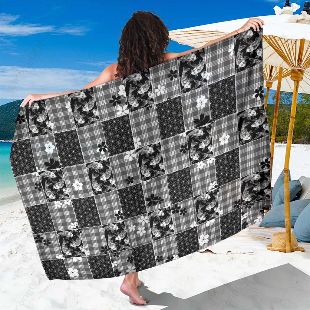 Black Palaka Koi Fish Asanoha Sakura Patchwork Stylized Print Sarong Polynesian Beach Wrap Wholesale Pareo - main view