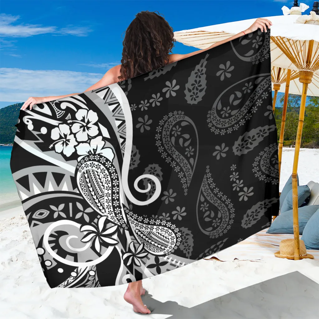 Black Tropical Flower Paisley Polynesian Print Sarong Beach Wrap for Resort Hotel Wholesale Pareo - main view