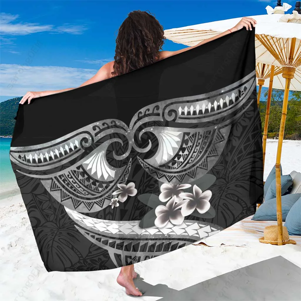 Black Frangipani Tropical Tribal Polynesia Print Sarong Beach Wrap for Resort Hotel Wholesale Pareo - main view