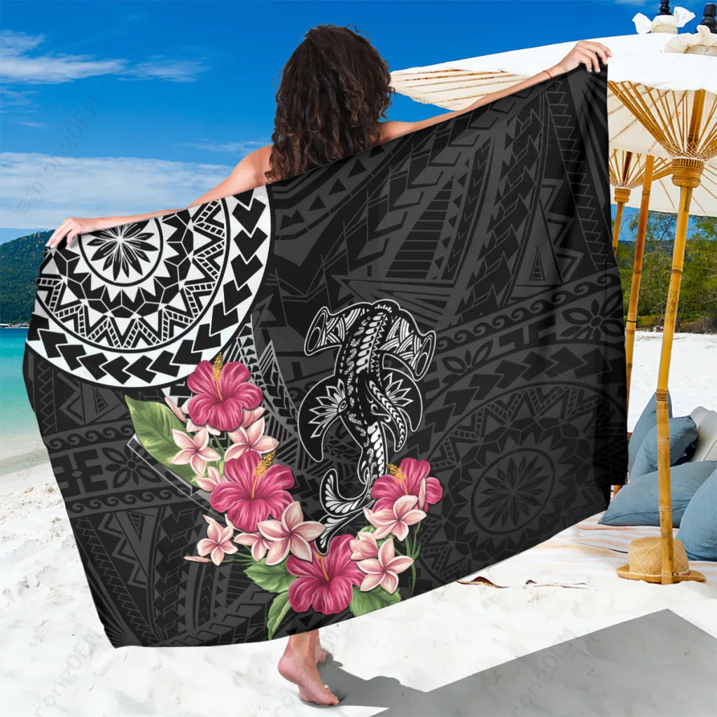 Black Polynesian Hammerhead Shark Tribal Pattern Print Sarong Beach Wrap for Resort Hotel Wholesale Pareo - main view