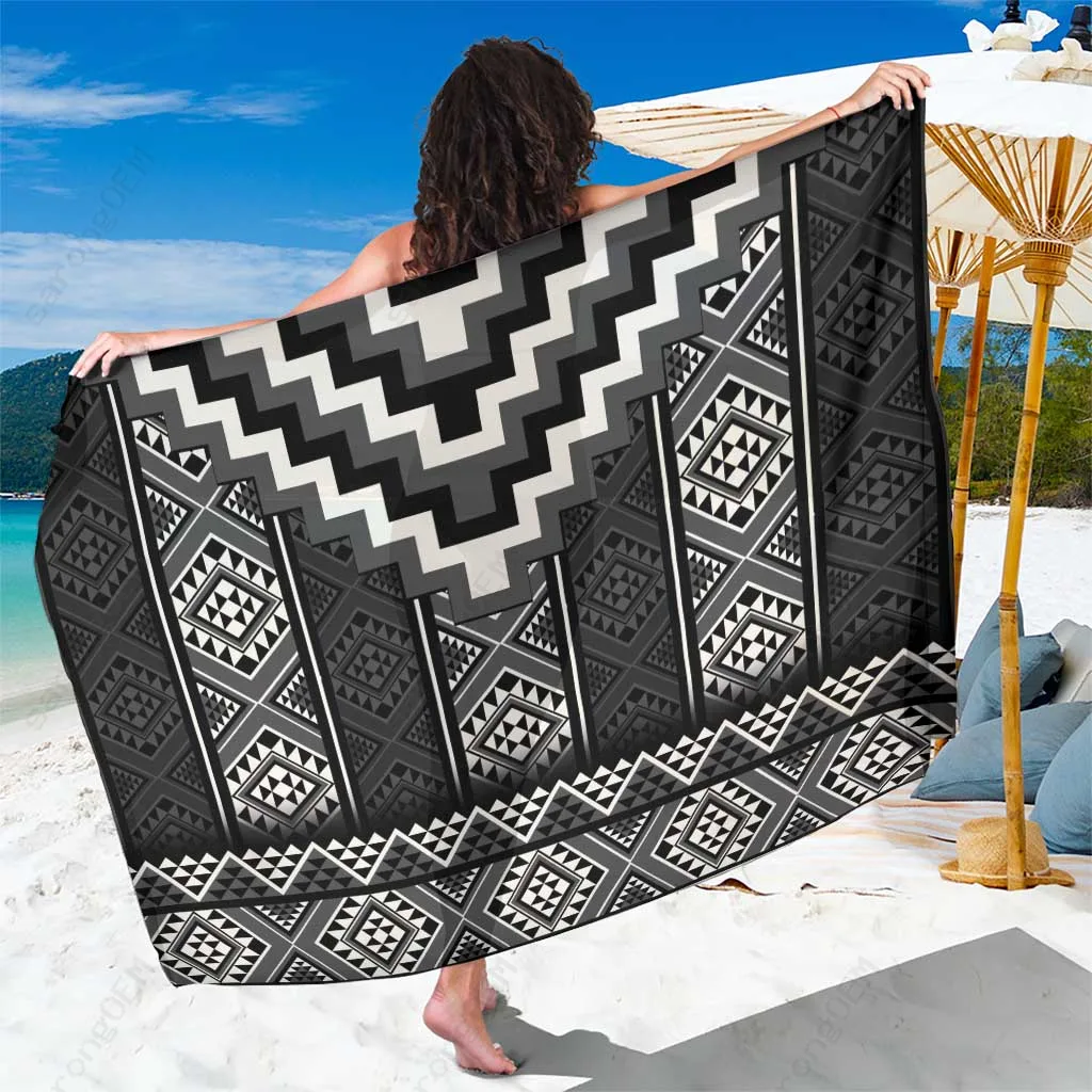 Black Niho Taniwha Mix Poutama Print Sarong Polynesian Beach Wrap Cover Up Wholesale Pareo