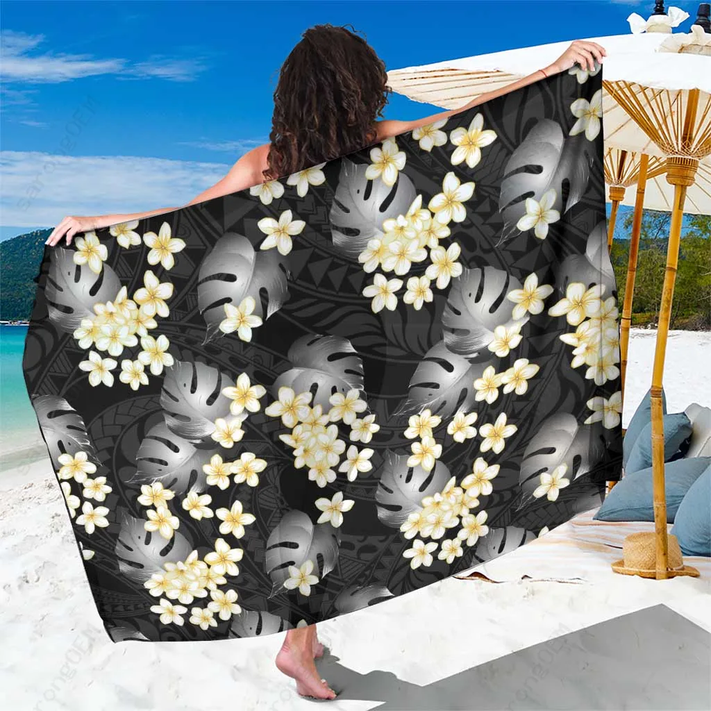 Black Hawaii Sarong with Monstera Plumeria Tropical Print Seamless Beach Wrap Pareo Wholesale - main view