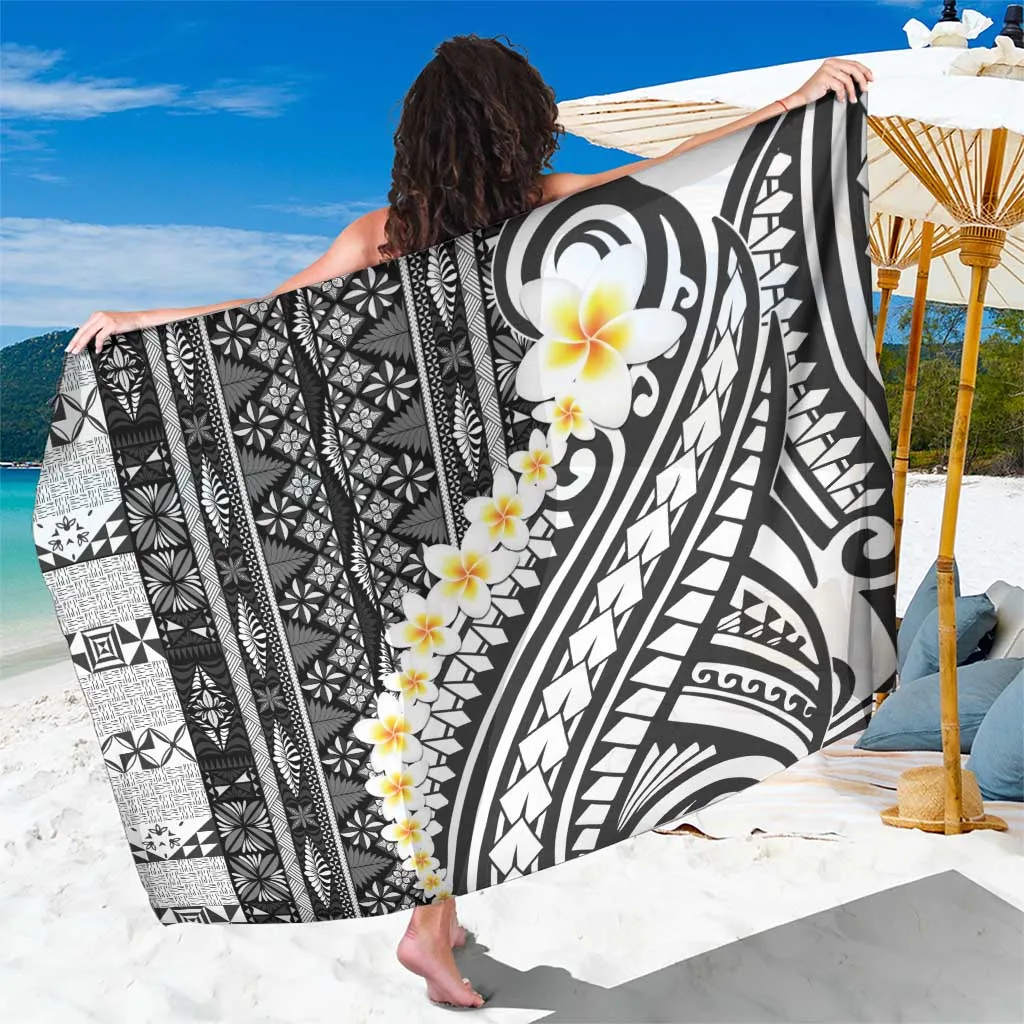 Black Vintage Tonga Ngatu Pattern With Plumeria Sarong - main view