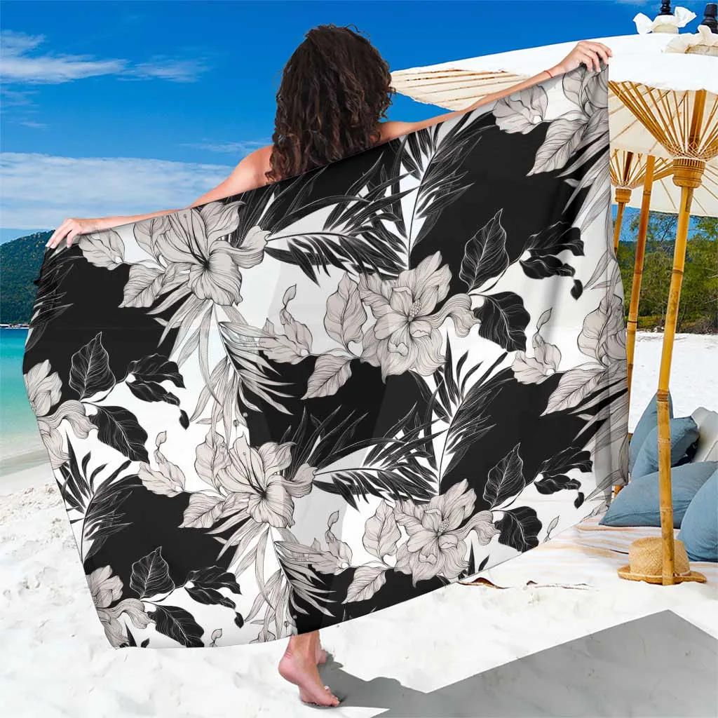 Black White Monotone Tropical Flowers Print Sarong Polynesian Style Beach Wrap for Resort Hotel Wholesale Pareo - main view