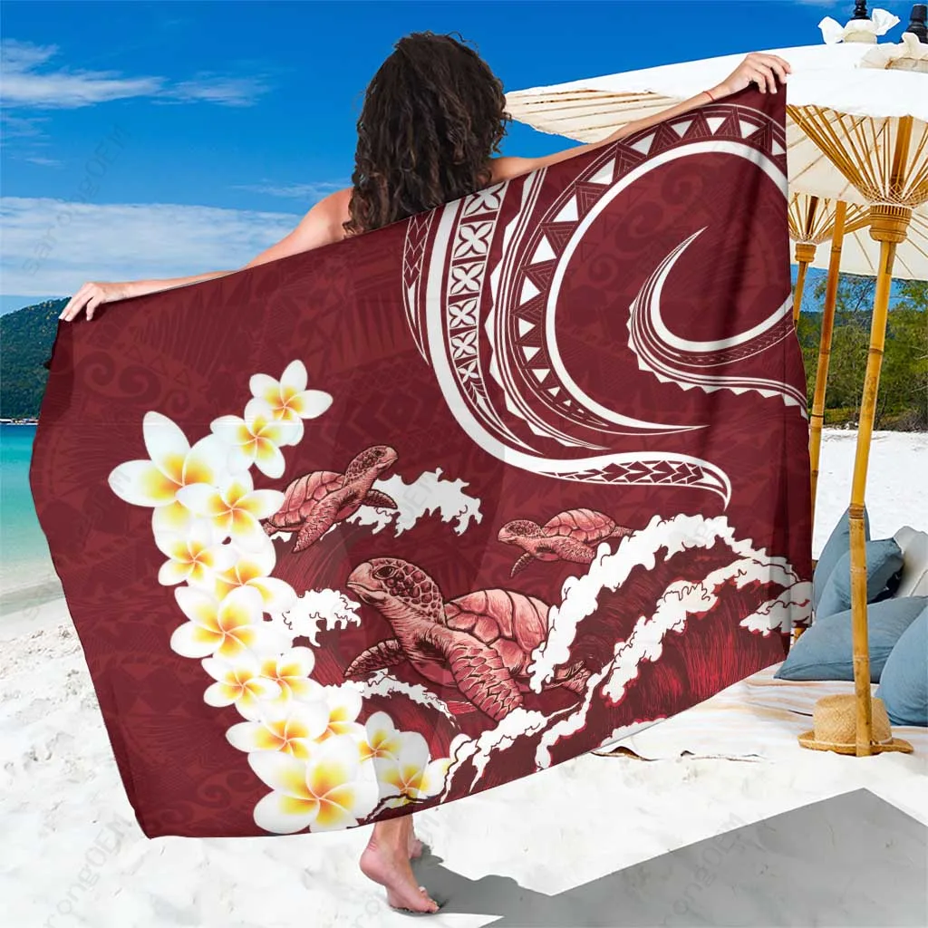 Gold Polynesian Sarong with Sea Turtles and Frangipani Print Beach Wrap Resort Cover Up Wholesale Pareo - main view
