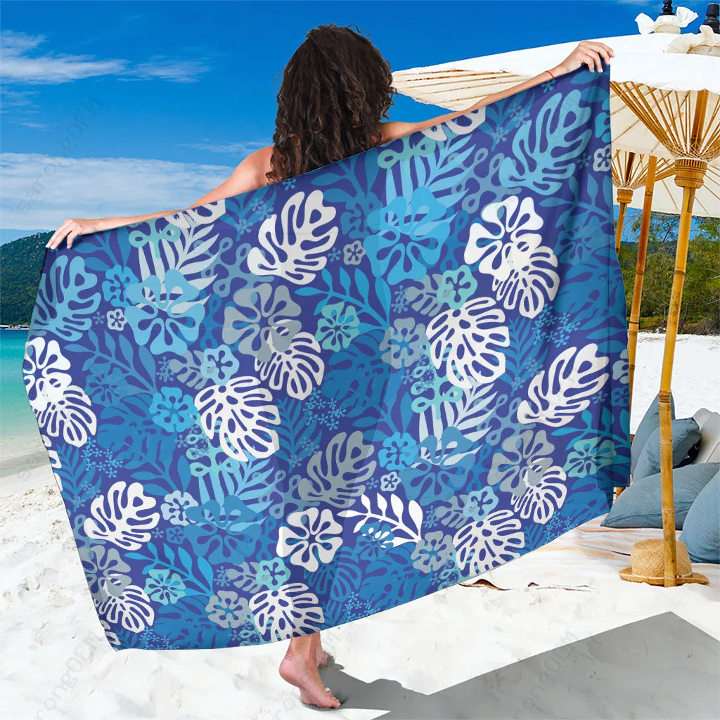 Blue Hibiscus Monstera Tropical Print Sarong Hawaiian Beach Wrap Pareo Wholesale - main view