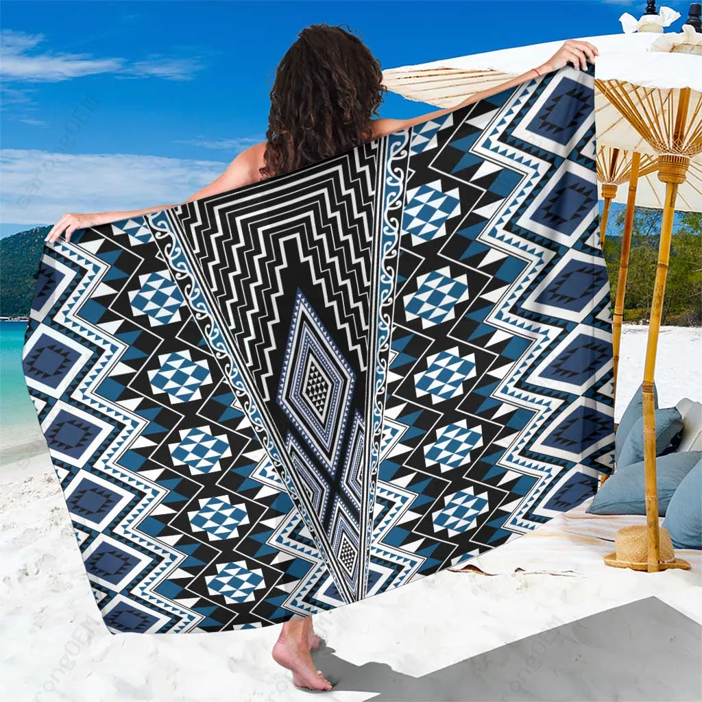 Blue Aotearoa Tukutuku & Poutama Motif Sarong Polynesian Beach Wrap Wholesale Pareo - main view