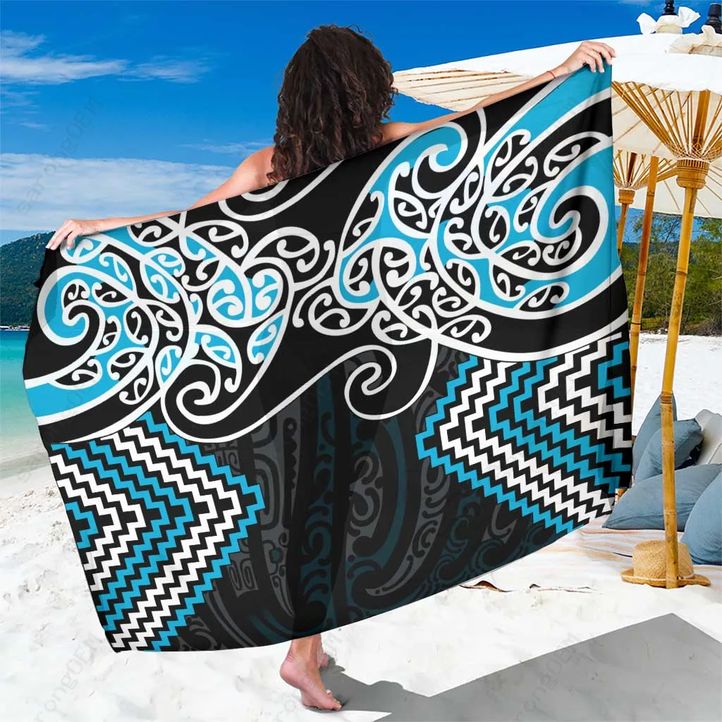 Blue Tukutuku Manawa Tapu Ta Moko Toi Maori Print Sarong Polynesian Beach Wrap Wholesale Pareo - main view