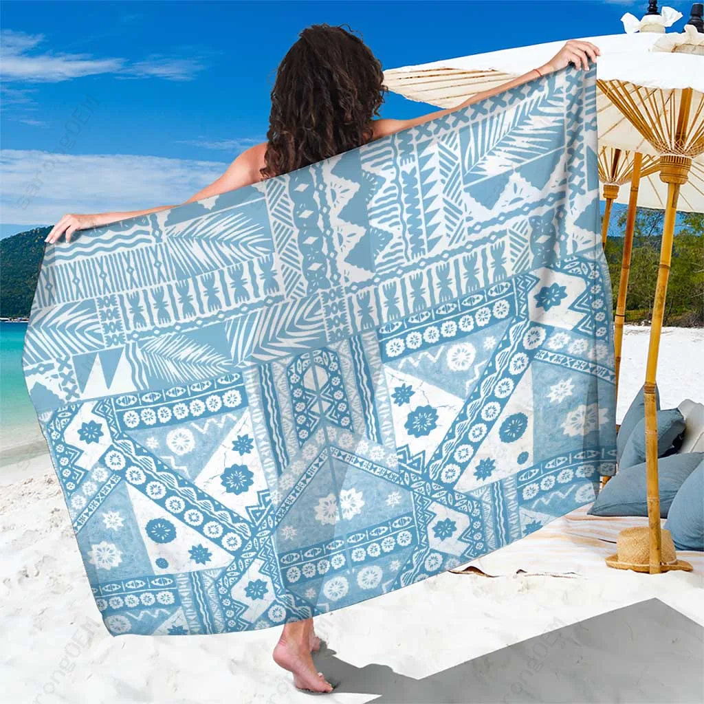 Blue Bula Fiji Sarong with Masi Tapa Pattern - Tropical Beach Wrap, Pareo Cover Up for Resort, Wholesale