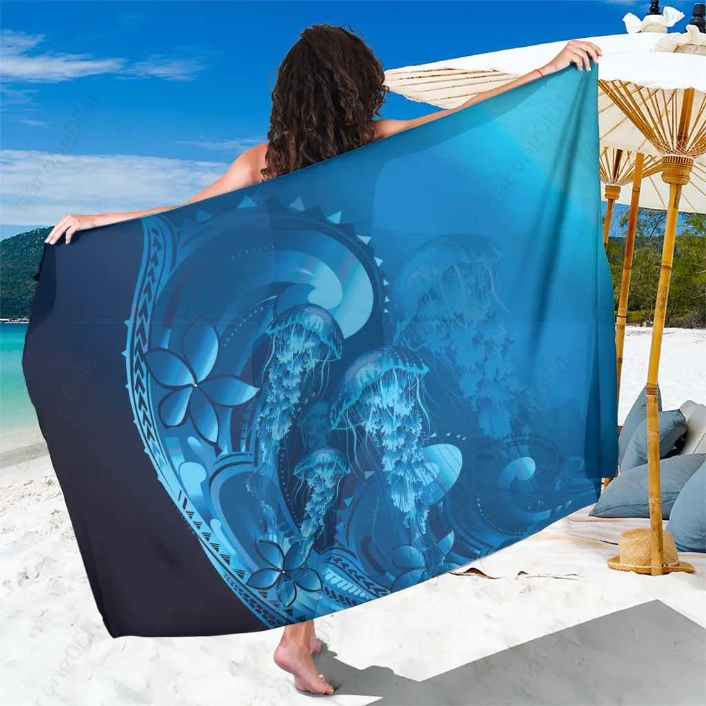 Blue Gradient Polynesian Fish Plumeria Sarong Beach Wrap Tropical Island Resort Pareo Wholesale - main view