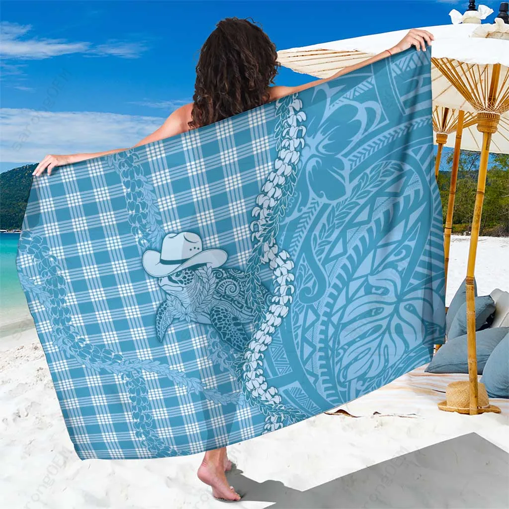 Blue Hawaiian Turtle Palaka Cowboy Print Sarong Polynesian Beach Wrap Wholesale Pareo - main view