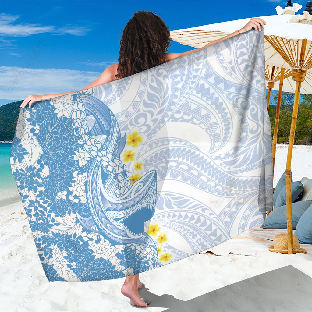 Blue Hawaiian Shark Tattoo Plumeria Puakenikeni Lei Polynesian Print Sarong Beach Wrap Wholesale Pareo - main view