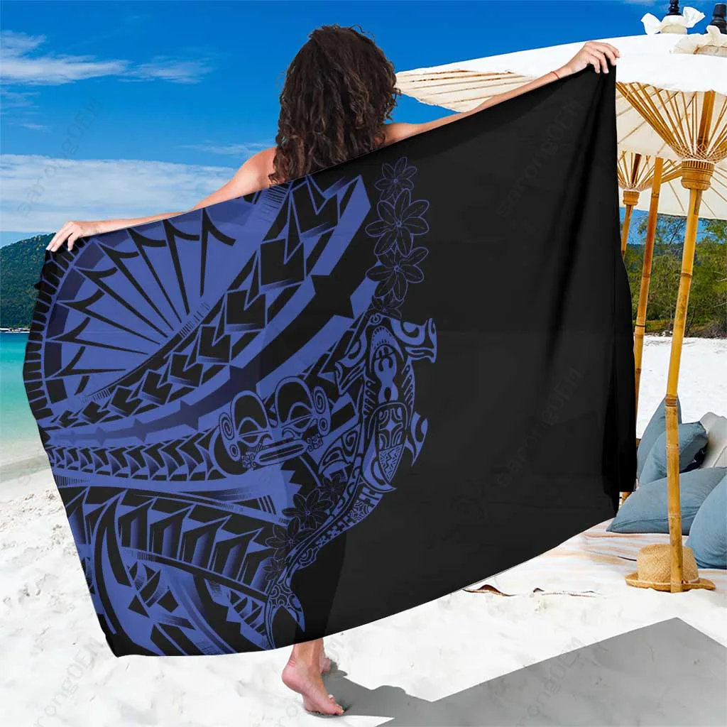 Blue Marquesas Islands Matatiki Hammerhead Shark Patutiki Print Sarong Polynesian Beach Wrap Wholesale Pareo - main view