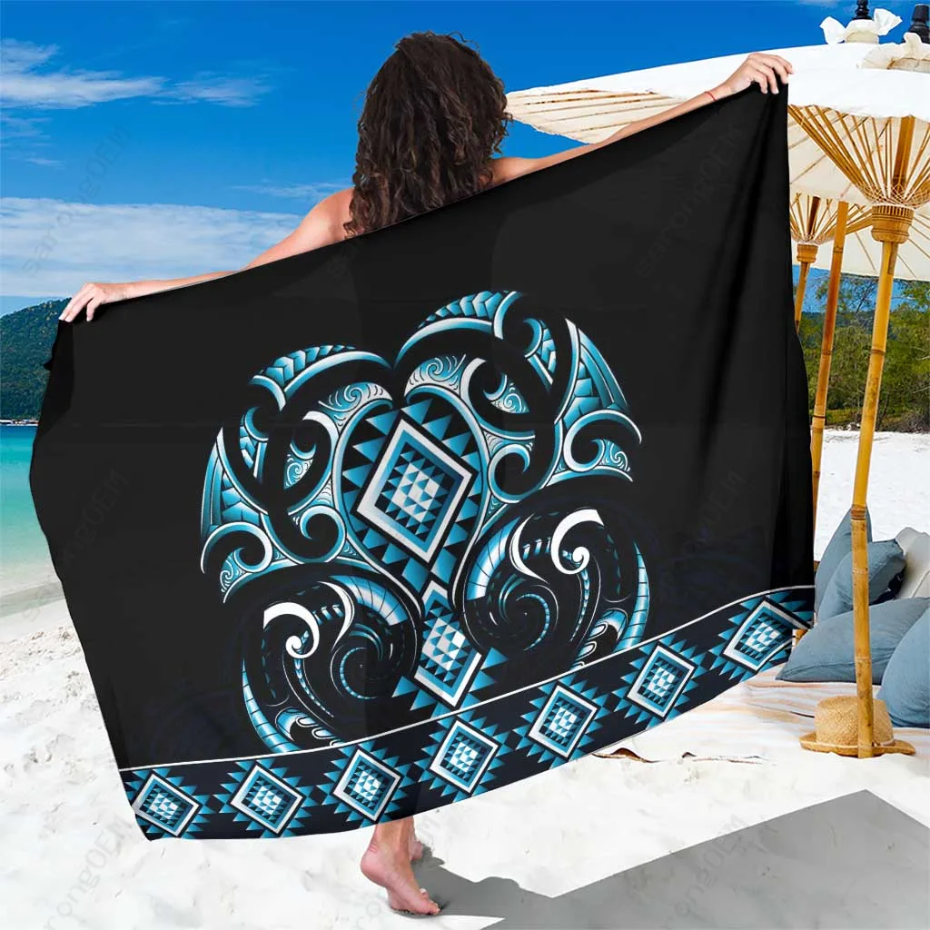 Blue Maori Ngaru Taniko Tattoo Print Sarong Polynesian Style Beach Wrap Wholesale Pareo - main view