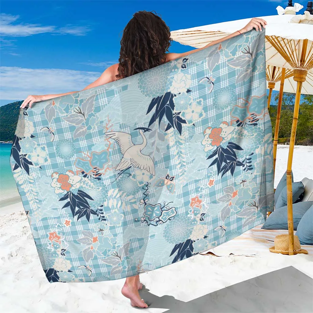 Blue Palaka Crane & Flowers Sarong Japan Heritage Spirit Beach Wrap Wholesale Pareo - related