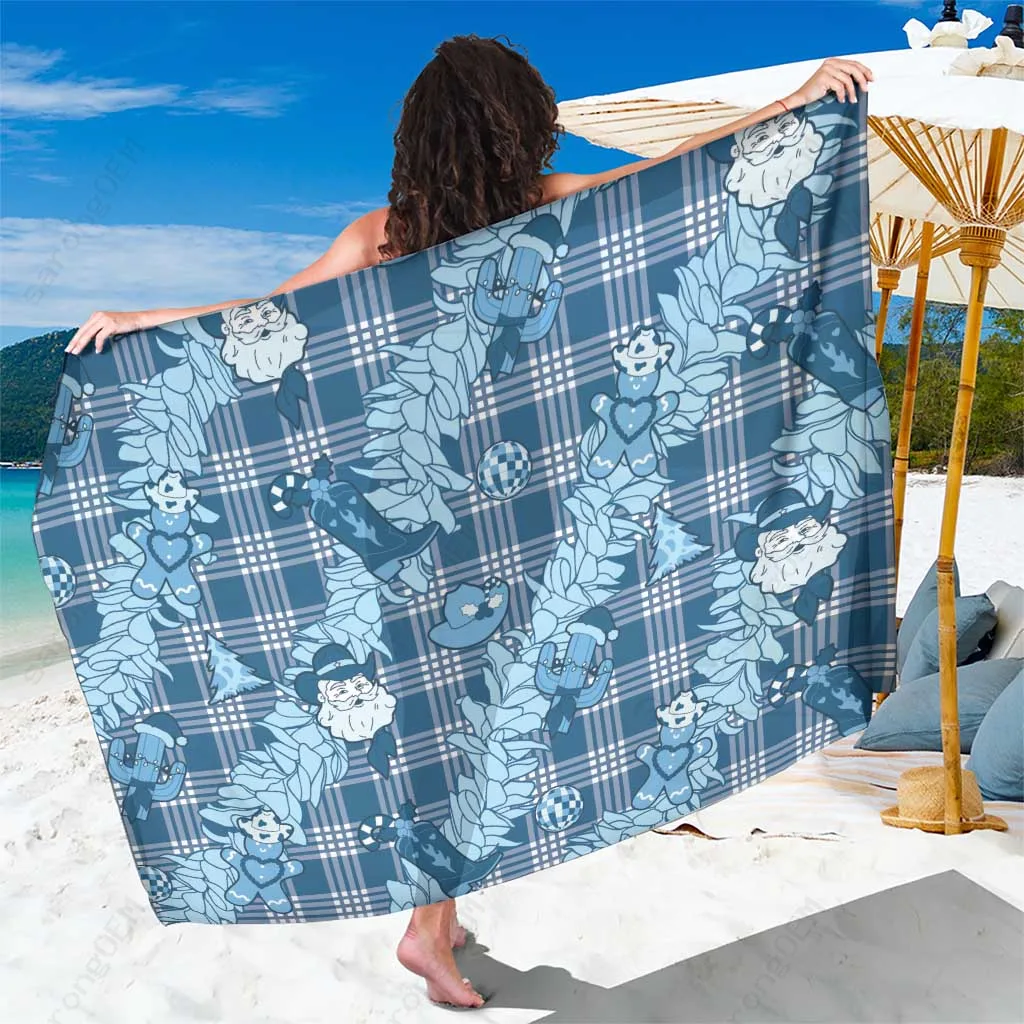 Blue Palaka Hawaii Cowboy Christmas Sarong Paniolo Mix Maile Lei Beach Wrap Wholesale Pareo - main view