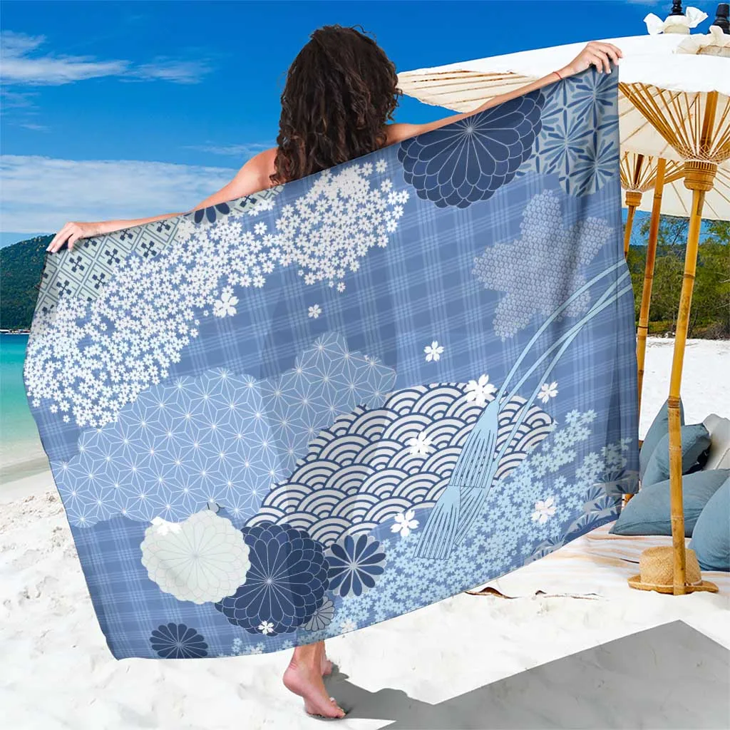 Blue Palaka Japanese Asanoha Seigaiha Sakura Pattern Print Sarong Polynesian Beach Wrap Wholesale Pareo - main view