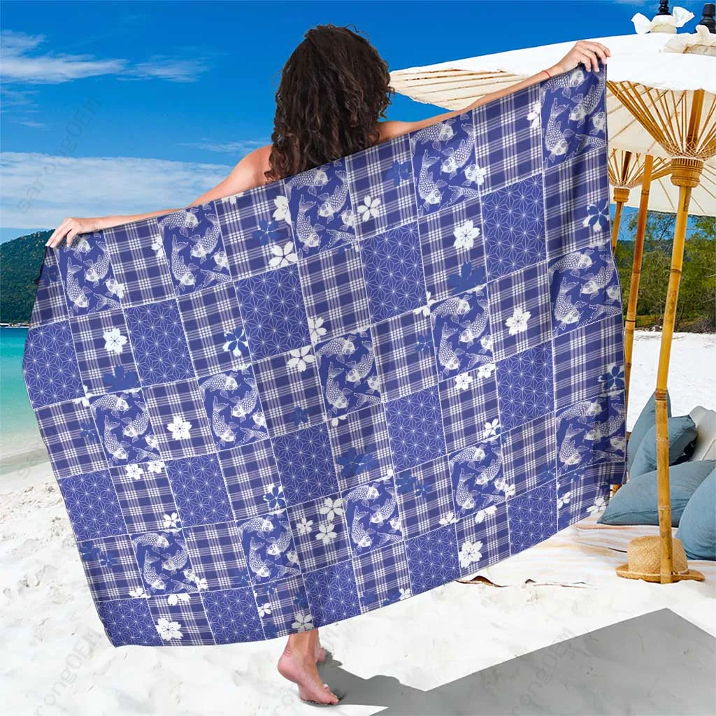 Blue Koi Fish Asanoha Sakura Patchwork Stylized Sarong Hawaiian Resort Beach Wrap Wholesale Pareo - main view