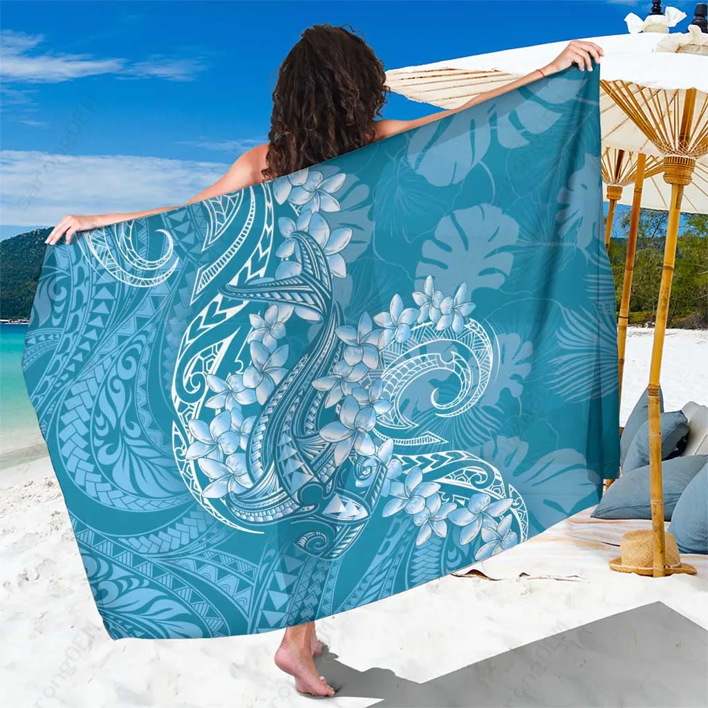 Blue Polynesia Hammerhead Shark Tattoo Plumeria Lei Print Sarong Beach Wrap Tropical Island Cover Up Wholesale Pareo - main view