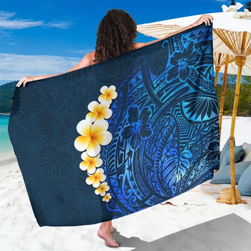 Blue Polynesia Sarong Plumeria Tropical Leaves Print Beach Wrap Summer Island Cover Up Wholesale Pareo - main view