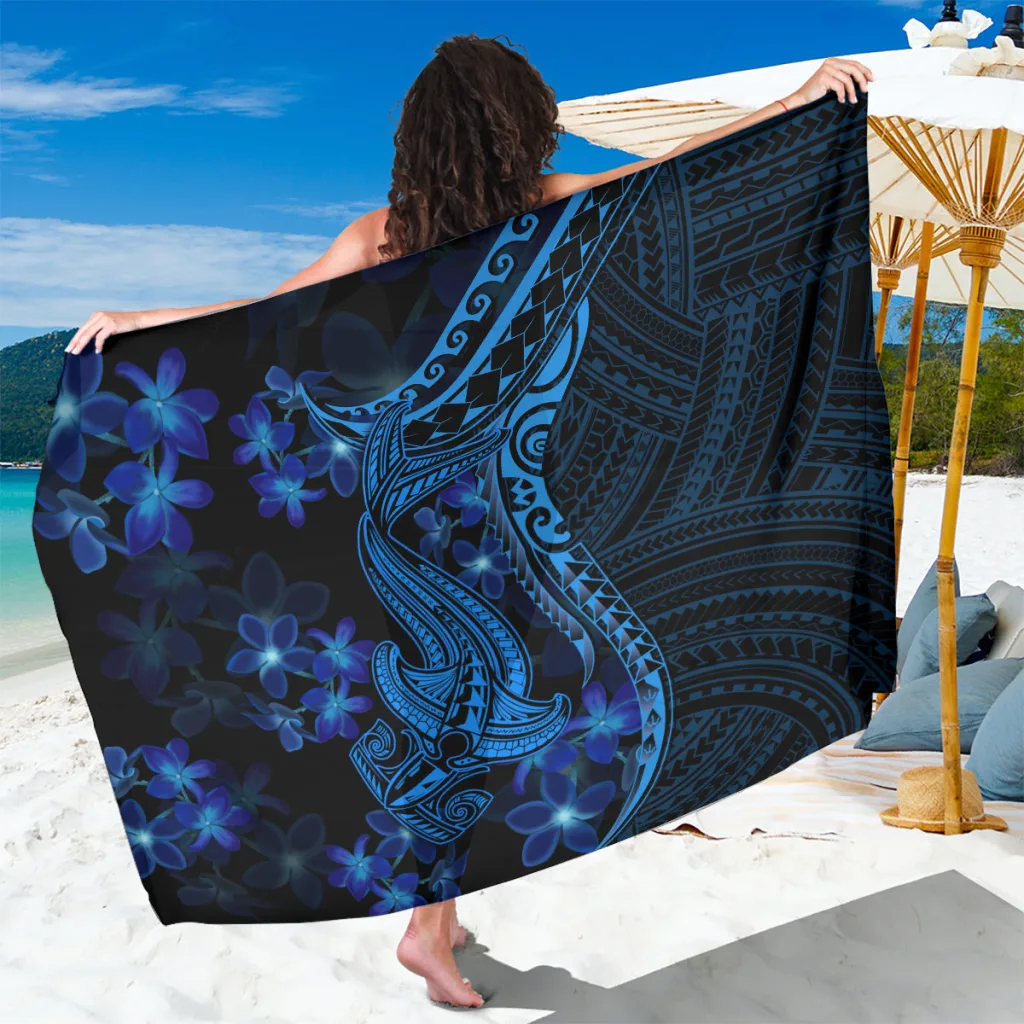 Blue Polynesian Plumeria Shark Tattoo Print Sarong Beach Wrap Summer Island Resort Pareo Wholesale - main view