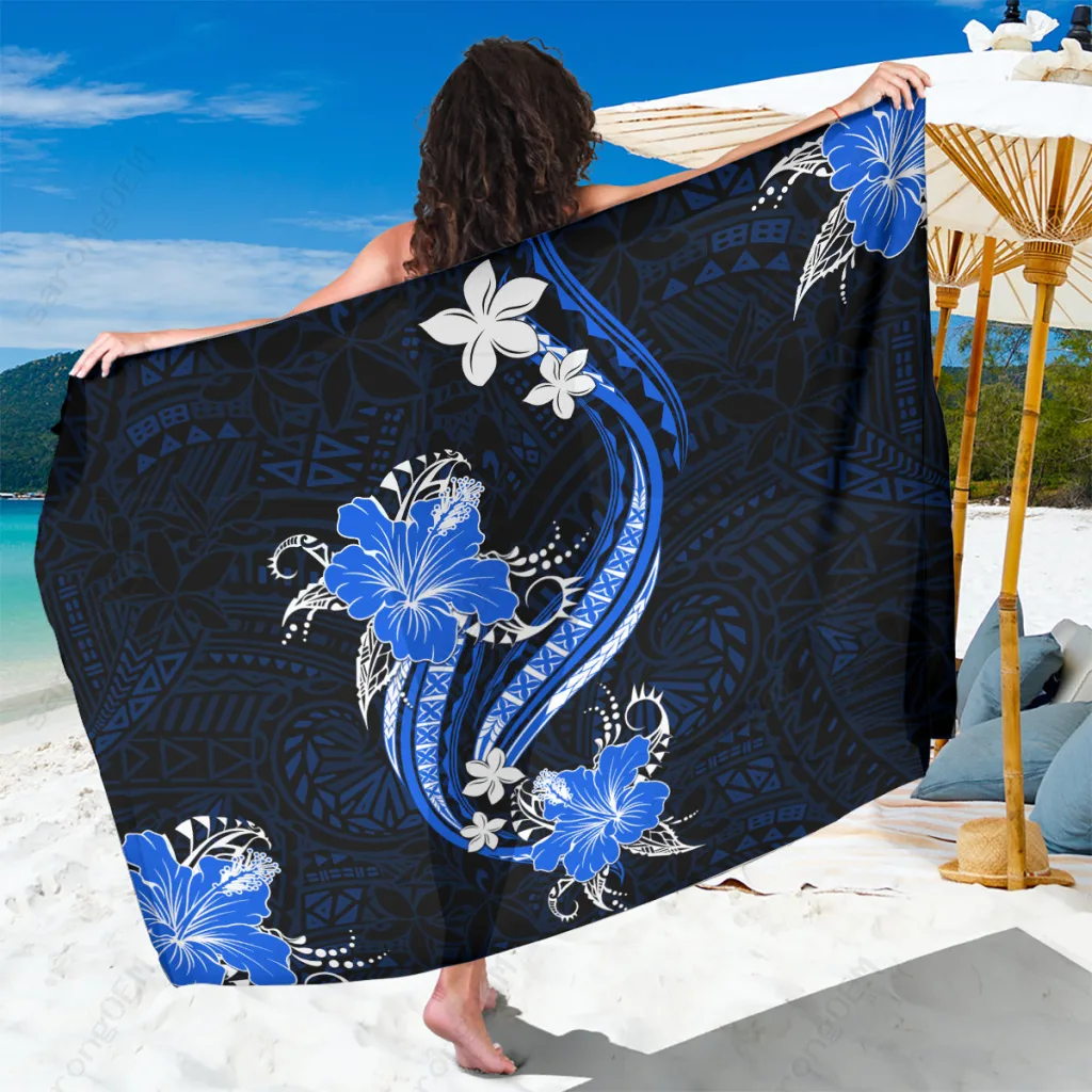 Blue Tropical Flowers Polynesian Print Sarong Beach Wrap Dress Wholesale Pareo - related