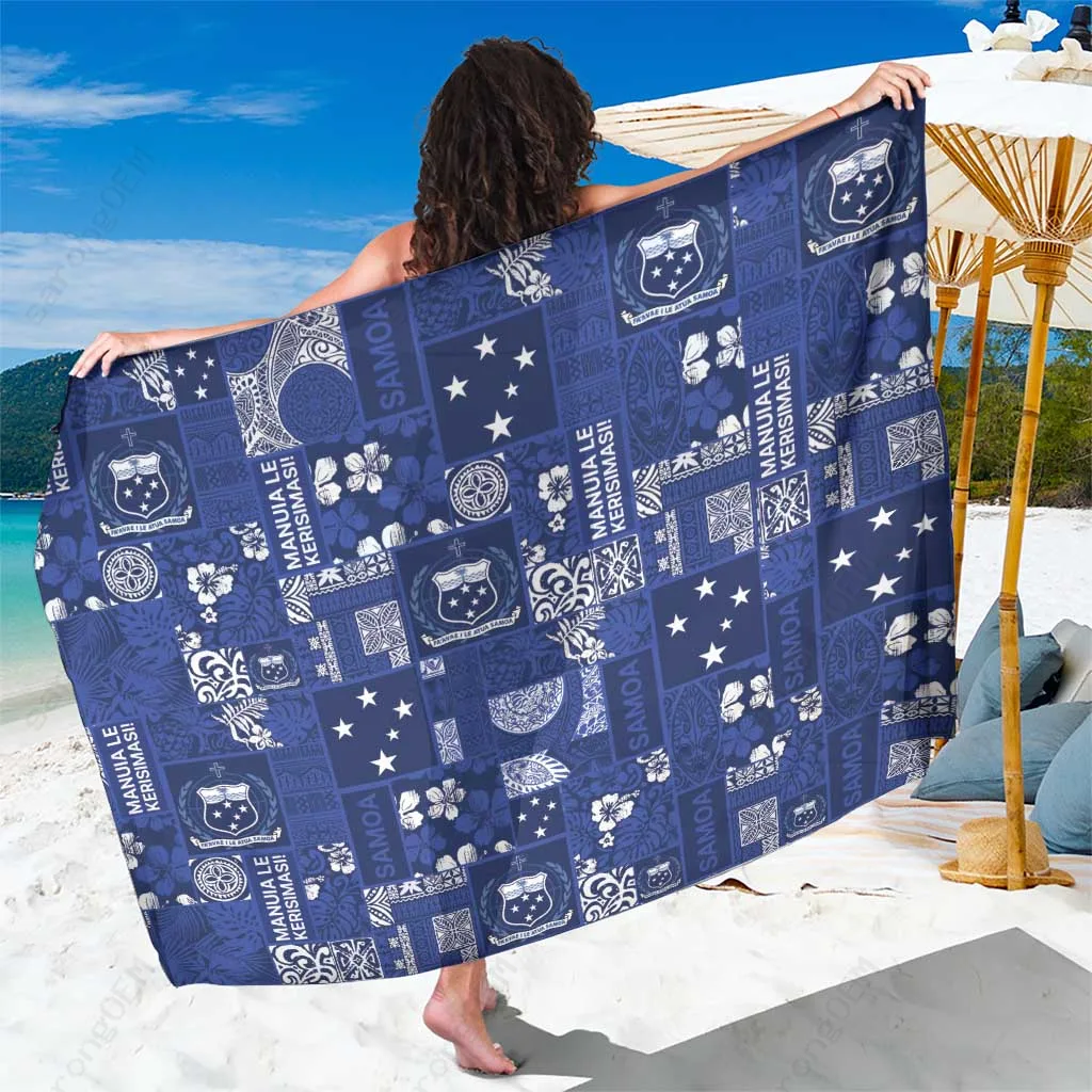 Blue Samoa Manuia Le Kerisimasi Tropical Floral Print Sarong Pacific Island Beach Wrap Wholesale Pareo - main view