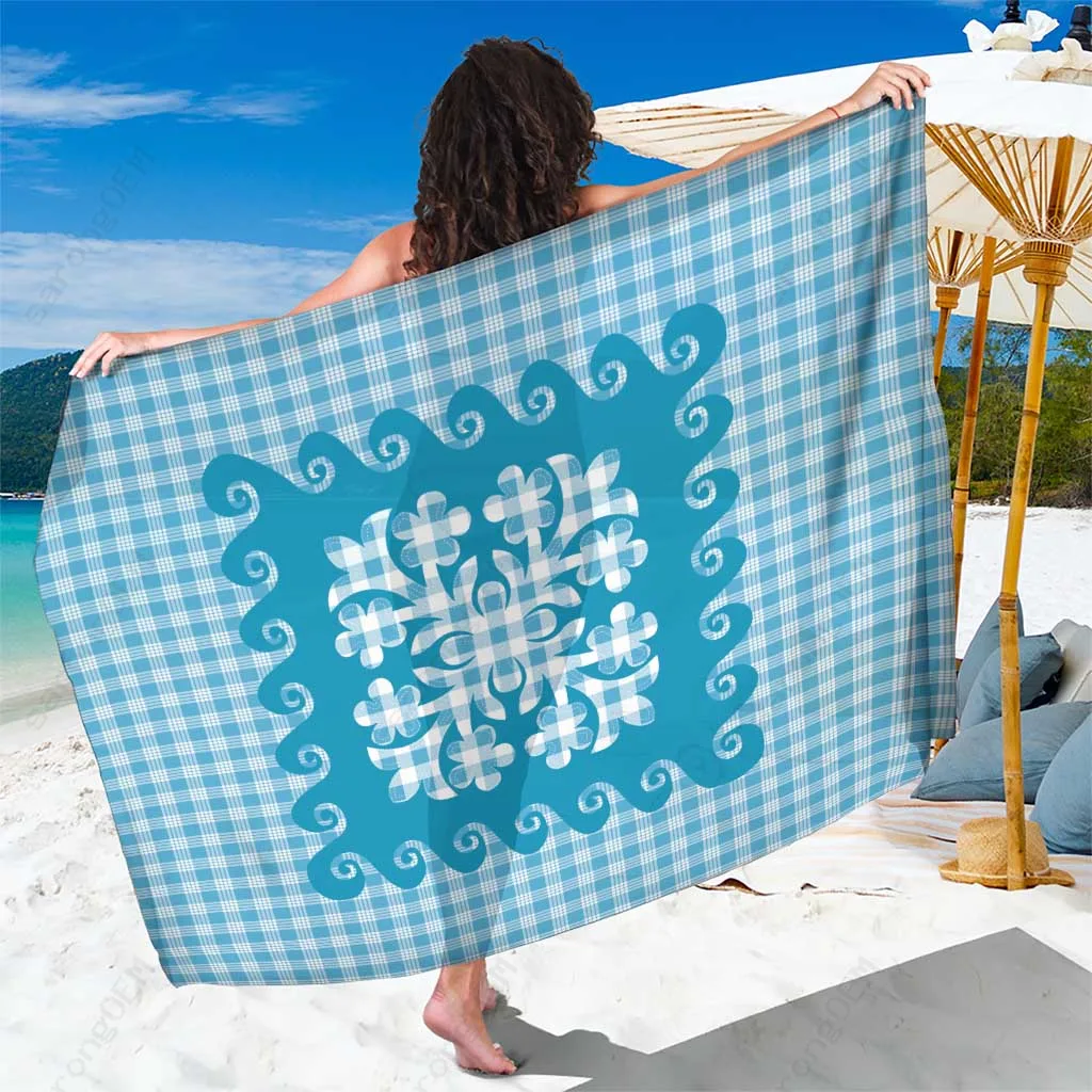 Blue Ulu Palaka Quilt Pattern Sarong Hawaii Culture Breadfruit Print Beach Wrap Pareo Wholesale - main view