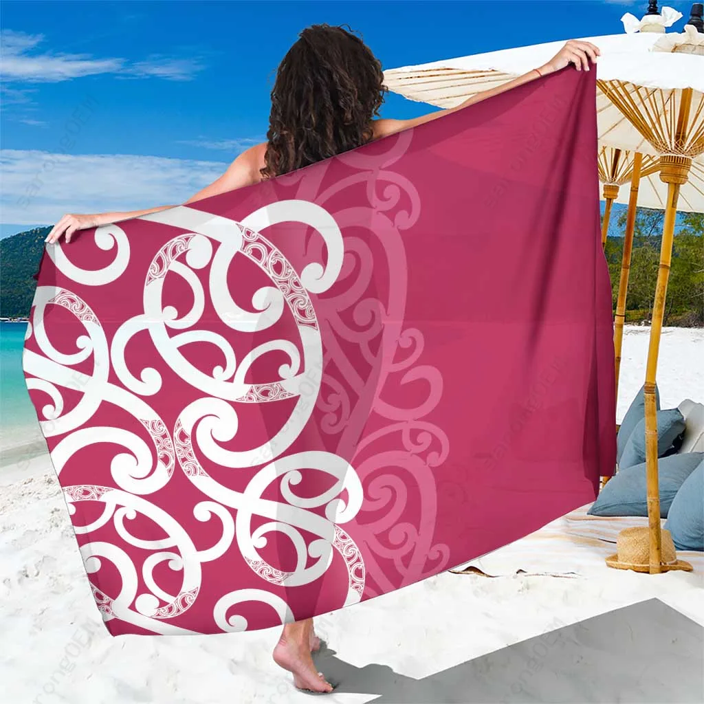 Pink Breast Cancer Awareness Maori Koru Kowhaiwhai Print Sarong Beach Wrap Polynesian Island Resort Cover Up Wholesale Pareo - main view