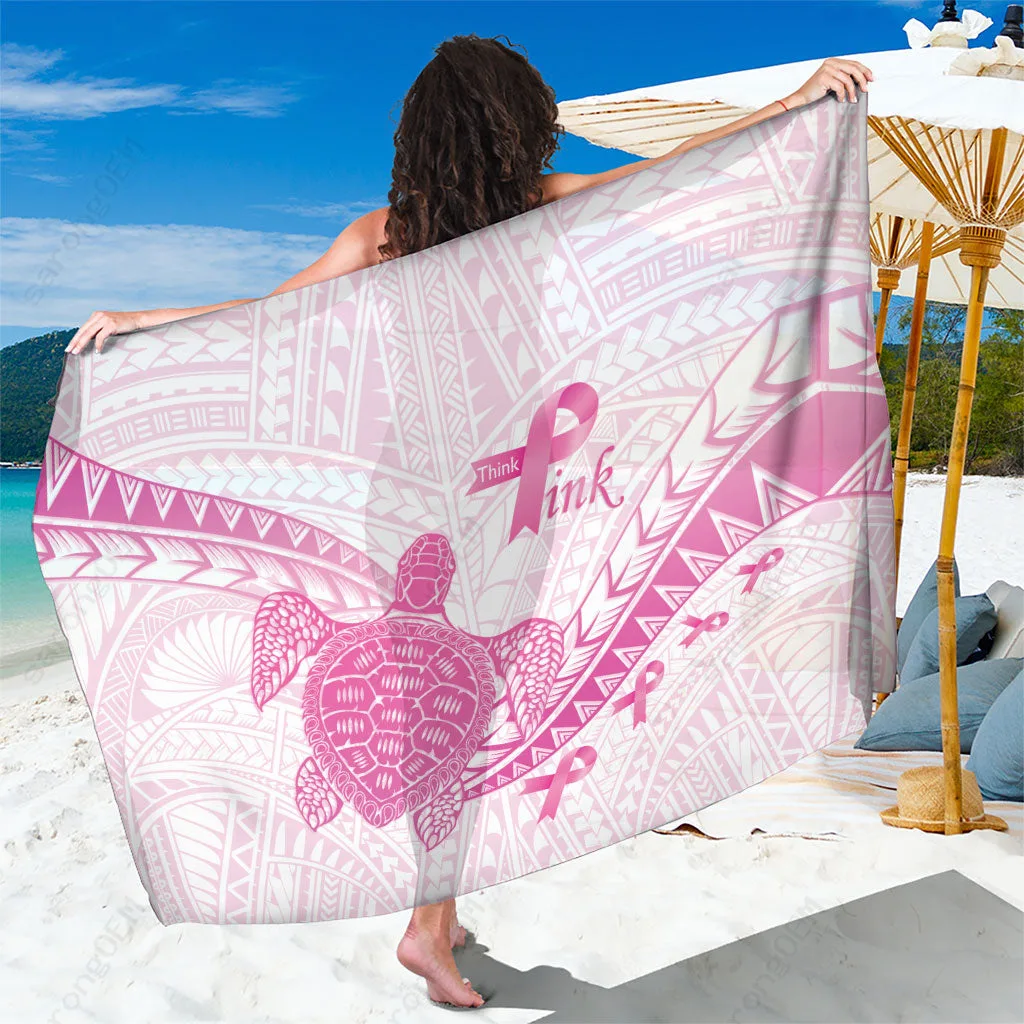 White Breast Cancer Awareness Pink Ribbon Turtle Polynesian Pattern Print Sarong Beach Wrap Wholesale Pareo - main view