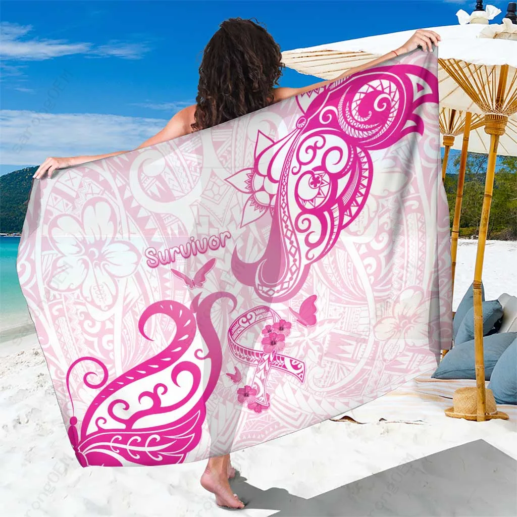 White Breast Cancer Awareness Ribbon Polynesian Pattern Print Sarong Beach Wrap Wholesale Pareo - main view