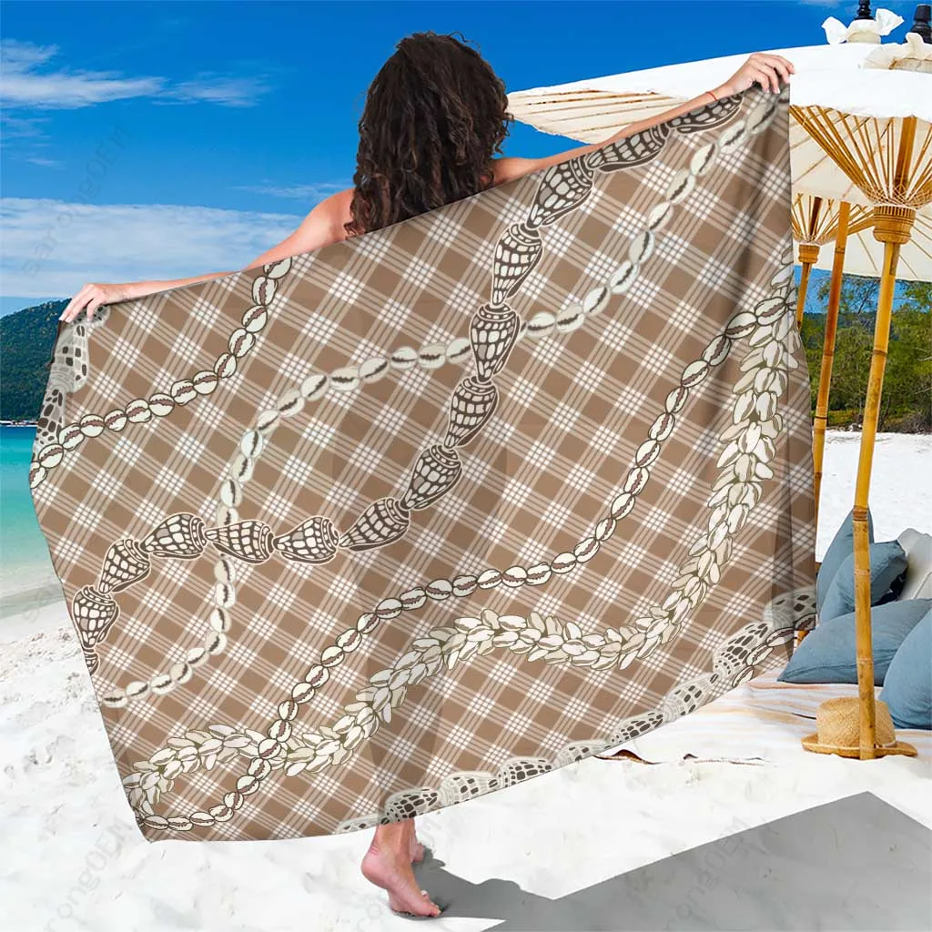 Brown Hawaiian Shell Lei Coral Print Sarong Polynesian Beach Wrap Pareo Wholesale - main view