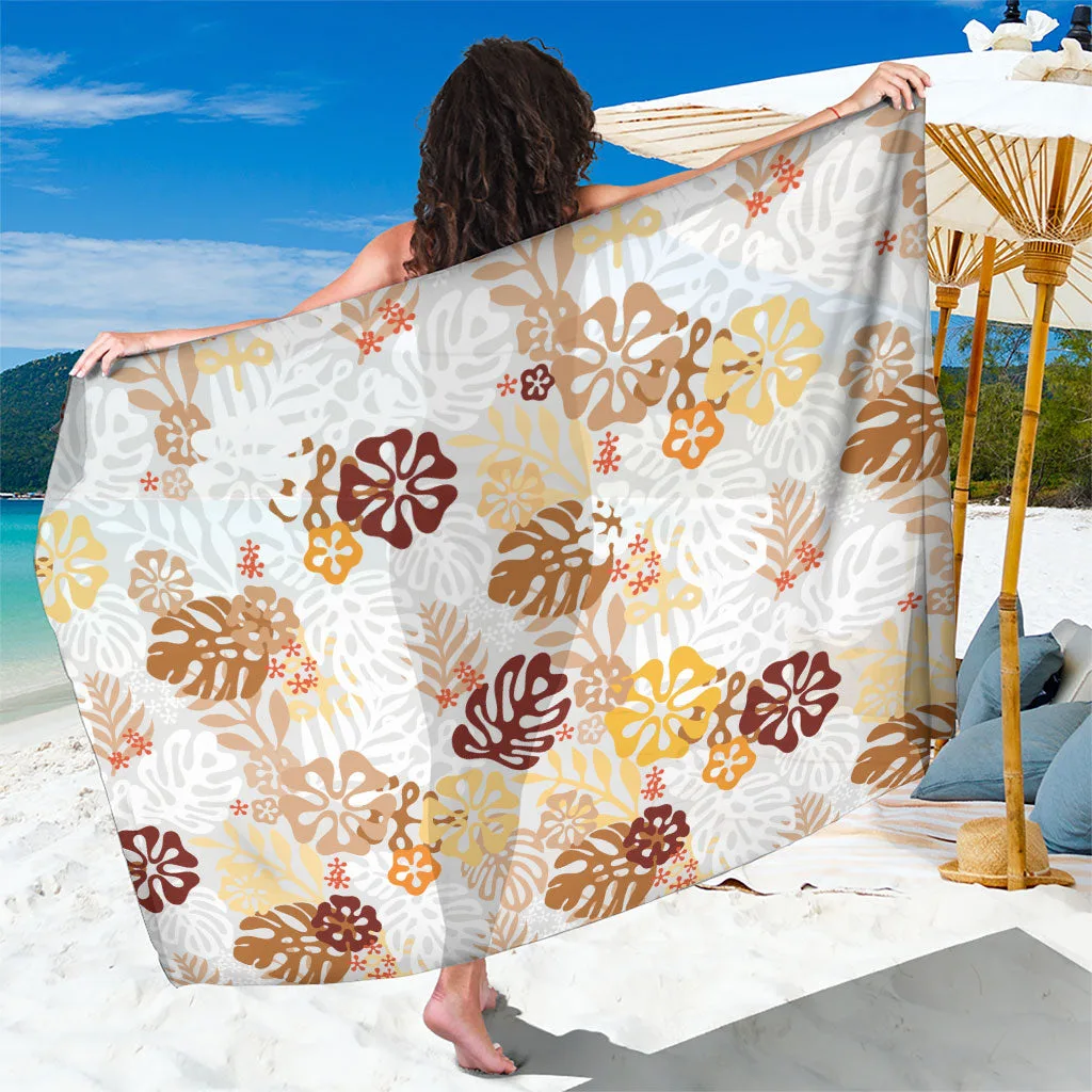 Brown Aloha Hawaiian Sarong Monstera Hibiscus Tropical Pattern - main view