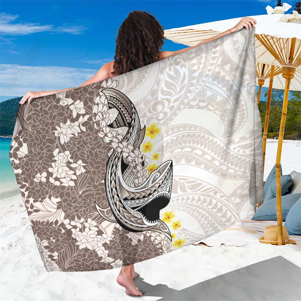 White Hawaii Shark Tattoo Plumeria Sarong Polynesian Beach Wrap Cover Up Wholesale Pareo